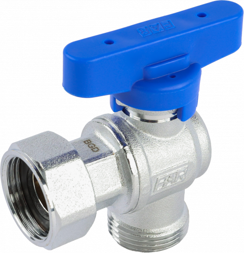 Кран шаровой FAR 3/4"EU(TP)-3/4", НР-накидная гайка EPDM, угловой, син. бабочка, хром
